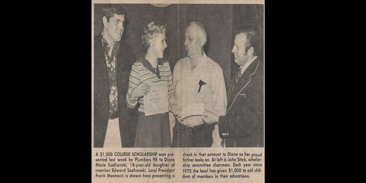 Newspaper Clipping of $1,000 Scholarship Presented by Local 98